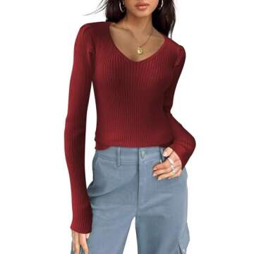 Zeagoo Womens Puff Long Sleeve Tops V Neck Pullover Sweaters Soft Slim Fit Solid Color Rib Knit Tops...