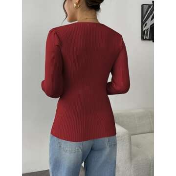 Zeagoo Womens Puff Long Sleeve Tops V Neck Pullover Sweaters Soft Slim Fit Solid Color Rib Knit Tops Red XL
