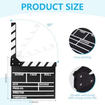 KISEER 12"x11" Movie Film Clap Board Wooden Movie Clapboard Film Clapper Board, Black & White