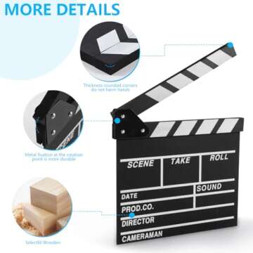 KISEER 12"x11" Movie Film Clap Board Wooden Movie Clapboard Film Clapper Board, Black & White