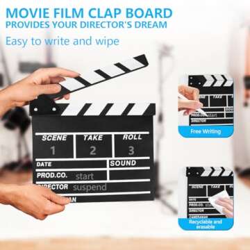 KISEER 12"x11" Movie Film Clap Board Wooden Movie Clapboard Film Clapper Board, Black & White