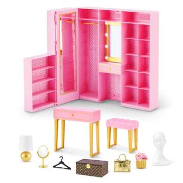 Mini Brands Mini Fashion Dream Wardrobe by ZURU with Exclusive Metallic Mini Fashion Bag and 25+ Storage Areas to Hold Doll Accessories Gift