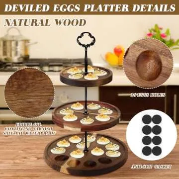Newtay 3 Tier Wooden Deviled Egg Platter with 26 Holes