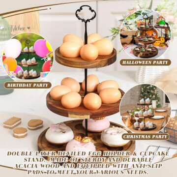 Newtay 3 Tier Wooden Deviled Egg Platter with 26 Holes
