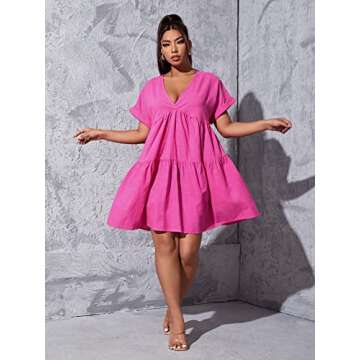 Floerns Women's Plus Size Summer Short Sleeve Ruffle Swing Babydoll Dress