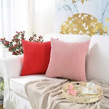 MERNETTE Pack of 2, Corduroy Soft Decorative Rectangle Throw Pillow Cover Cushion Covers Pillowcase, Home Decor Decorations for Sofa Couch Bed Chair 12x20 Inch/30x50 cm (Striped Peach Pink)