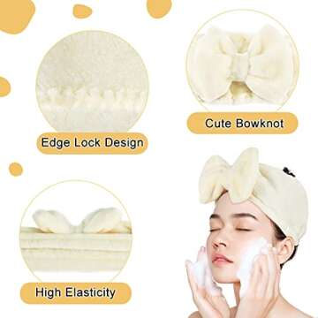 Shintop Spa Headband Soft Carol Fleece Makeup Headband with Cute Bow Elastic Hairand for Washing Face Skincare Facial Mask Bath Gift（Creamy White）