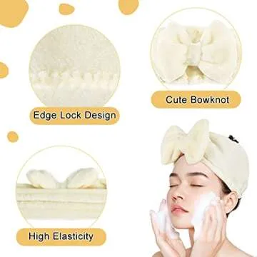 Shintop Spa Headband Soft Carol Fleece Makeup Headband with Cute Bow Elastic Hairand for Washing Face Skincare Facial Mask Bath Gift（Creamy White）