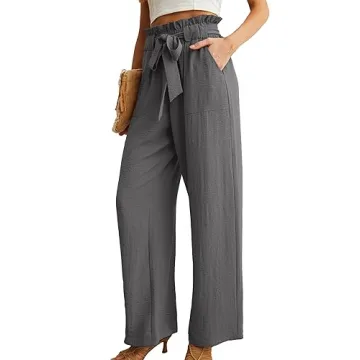 IWOLLENCE Women's Wide Leg Pants with Pockets High Waist Adjustable Knot Loose Casual Trousers Business Work Casual Pants Smoky Gray Medium