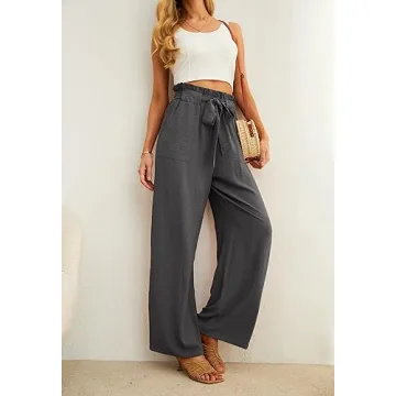 IWOLLENCE Women's Wide Leg Pants with Pockets High Waist Adjustable Knot Loose Casual Trousers Business Work Casual Pants Smoky Gray Medium