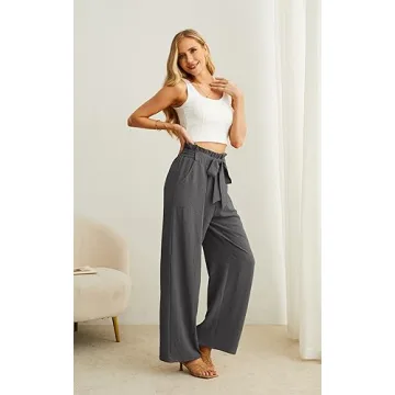 IWOLLENCE Women's Wide Leg Pants with Pockets High Waist Adjustable Knot Loose Casual Trousers Business Work Casual Pants Smoky Gray Medium