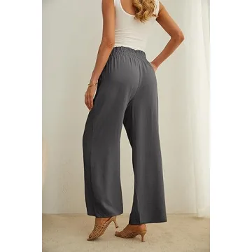 IWOLLENCE Women's Wide Leg Pants with Pockets High Waist Adjustable Knot Loose Casual Trousers Business Work Casual Pants Smoky Gray Medium