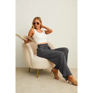 IWOLLENCE Women's Wide Leg Pants with Pockets High Waist Adjustable Knot Loose Casual Trousers Business Work Casual Pants Smoky Gray Medium