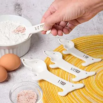 White Ceramic Dog Themed Kitchen Utensils: Measuring Cups and Spoons, Spoon Rest for Countertop - Cute Kitchen Accessories Dog Measuring Spoons Baking Supplies Measuring Spoons Set Dachshund Dog Gifts