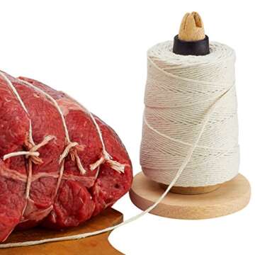 500 Feet Cooking Twine with Non-Slip Portable Wood Holder and Cutting Blade – 100% Cotton Materials – Ideal for DIY Crafts and Food Packaging – Professional Chef Grade Butchers Meat Strings