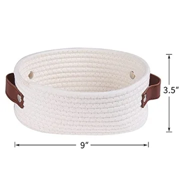 Small Woven Basket for Storage Oval Rope Coil Baskets with Handle Mini Cotton Basket Little Organizer Bins Boho Hamper Nursery Room for Kids Baby Dog Toy Gifts 7.87"x5.51"x4.33", XS White