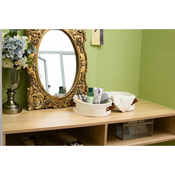 Small Woven Basket for Storage Oval Rope Coil Baskets with Handle Mini Cotton Basket Little Organizer Bins Boho Hamper Nursery Room for Kids Baby Dog Toy Gifts 7.87"x5.51"x4.33", XS White