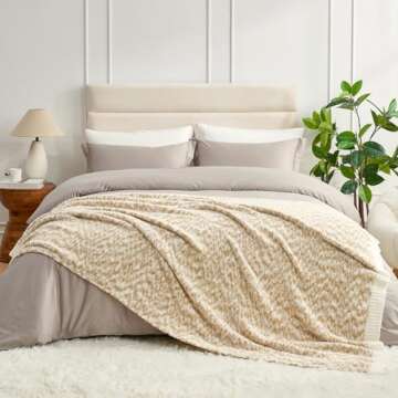 Snuggle Sac Beige Throw Blanket for Couch, Reversible Super Soft Warm Blankets Cozy Knit Fuzzy Plush Lightweight Throws for Sofa, Bed, Camping, Space Dye Beige, 50x60 inches