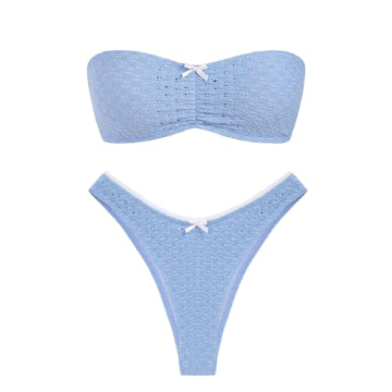 ZAFUL Women's Stylish Strapless Bikini Openwork Textured Bow Ruched High Cut Swimsuit