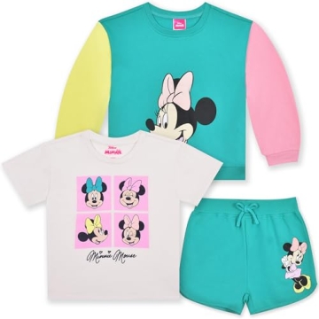 Disney Minnie Mouse Girls Sweatshirt, T-Shirt, and Shorts Set for Kids