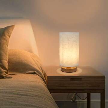 Small Bedside Night Table Lamp for Bedroom, Minimalist Nightstand Lamp with Round Fabric Linen Shade...