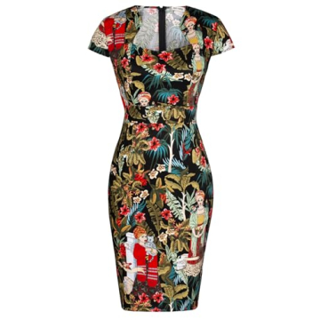 Women's Retro 50s 60s Printed Leaves Pencil Dress - Cap Sleeve Bodycon