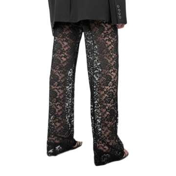 Women's Sexy See Through Lace Pants Transparent Sheer Mesh Straight Leg Pants Hollow Out Slim Trousers Cover Up Pants Black