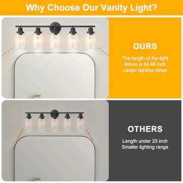 Unicozin Modern Bathroom Light Fixtures, 5 Light Vanity Lights, Black Wall Lamp with Clear Glass for Bathroom, Mirror, Living Room, Bedroom, Hallway, E26 Base