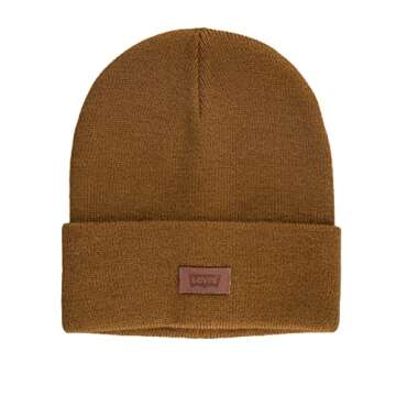 Levi's Unisex Adult All Season Comfy Leather Logo Patch Cuffed Hero Beanie Hat, Tan Solid