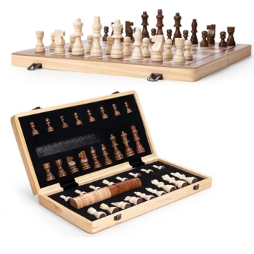 15" Wooden Chess Set | Folding Board, 2 Extra Queens | Magnetic Chess Board Set for Adults & Kids, P...