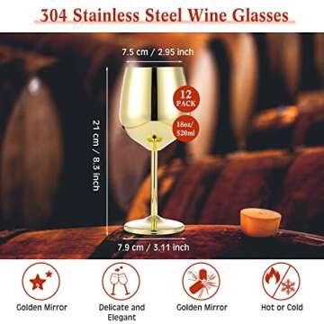 12 Pack Stem Stainless Steel Wine Glasses Gold 18 oz Unbreakable Stemware Portable Shatterproof Meta...