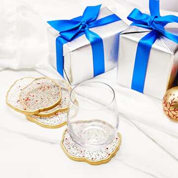 Sparkle Drink Coasters - Set of 4 - Gold Rim Christmas Holiday Winter Themed Coaster - Absorbent Dec...