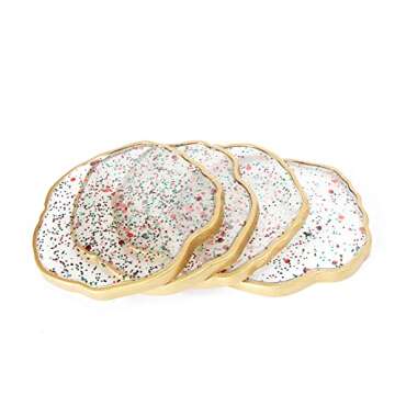 Sparkle Drink Coasters - Set of 4 - Gold Rim Christmas Holiday Winter Themed Coaster - Absorbent Decorative Home Decor Tabletop Durable Coffee Cup Coaster - for Table, Bar Desk Table