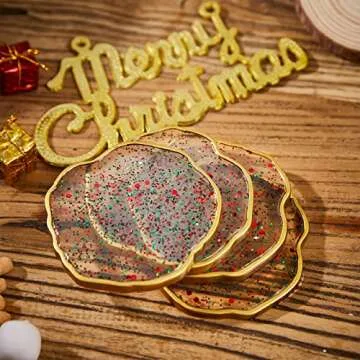 Sparkle Drink Coasters - Set of 4 - Gold Rim Christmas Holiday Winter Themed Coaster - Absorbent Decorative Home Decor Tabletop Durable Coffee Cup Coaster - for Table, Bar Desk Table
