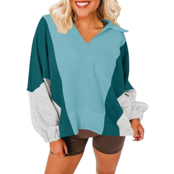 Fisoew Women's Oversized Color Block Sweatshirt - Casual V Neck Pullover in Blue
