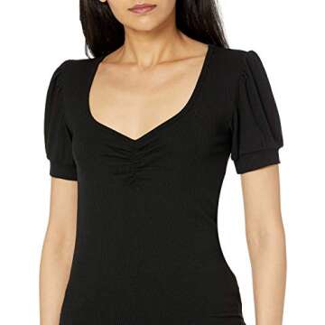 The Drop Women's Theresa Short Puff-Sleeve Sweetheart-Neck Rib Knit Top