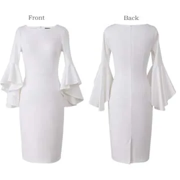 VFSHOW Womens Ruffle Bell Sleeves Cocktail Party Wedding Guest Bridal Slim Bodycon Graduation Birthday Party Pencil Sheath Dress (Off-White, Small) 11039 WHT S