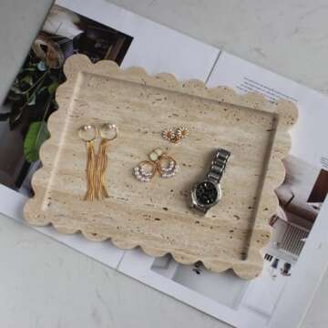 Natural Luxury Scalloped Travertine Tray 10.8"x8", Beige Rectangle Vanity Tray for Bathroom Kitchen ...