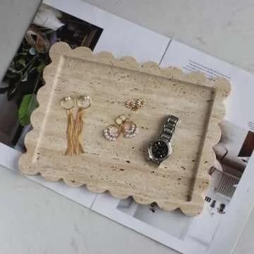 Natural Luxury Scalloped Travertine Tray 10.8"x8", Beige Rectangle Vanity Tray for Bathroom Kitchen ...