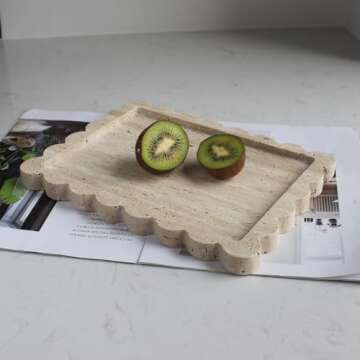 Natural Luxury Scalloped Travertine Tray 10.8"x8", Beige Rectangle Vanity Tray for Bathroom Kitchen Counter, Decorative Tray for Dresser Home Decor