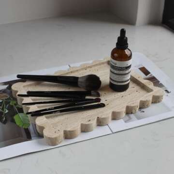 Natural Luxury Scalloped Travertine Tray 10.8"x8", Beige Rectangle Vanity Tray for Bathroom Kitchen Counter, Decorative Tray for Dresser Home Decor