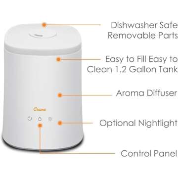 Crane Top Fill Ultrasonic Cool Mist Humidifier for Bedroom and Large Rooms, 1.2 Gallon Essential Oil...