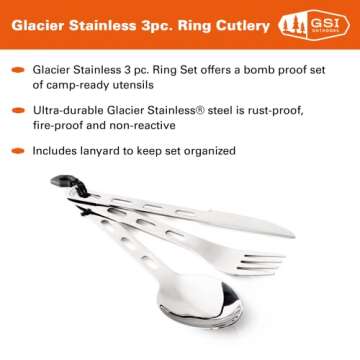 GSI Outdoors Glacier Stainless 3 pc. Ring Cutlery for Camping, Backpacking and Travel