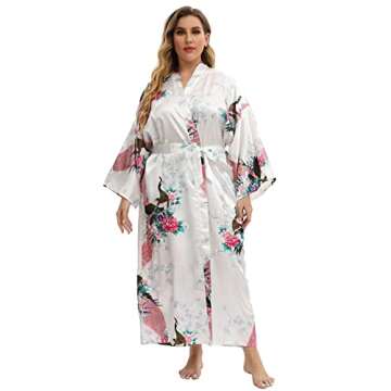feslieacc Women's Plus Size Long Satin Robes - Floral Bridal Robes, White, 4XL/5XL