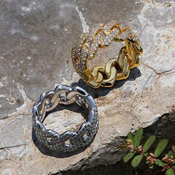 Apzzic 11mm Cuban Link Ring Iced Out 2 Row CZ Diamond Gold Plated Hip Hop Bling Engagement Ring for ...