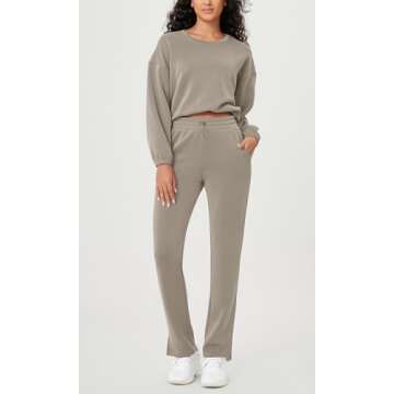 ODODOS Women's Modal Soft Split-Hem High Waist Pants with Pockets Adjustable Shockcord Casual Lounge Pants, Khaki, Small