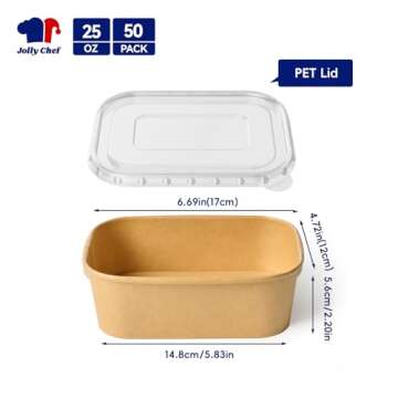 JOLLY CHEF 25 oz 50 Pack Paper Meal Prep Containers with Lids, Rectangular Disposable Food Container...