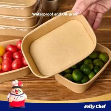 JOLLY CHEF 25 oz 50 Pack Paper Meal Prep Containers with Lids, Rectangular Disposable Food Containers, Kraft Paper Bowls with Lids for Salad, Soup, Snack