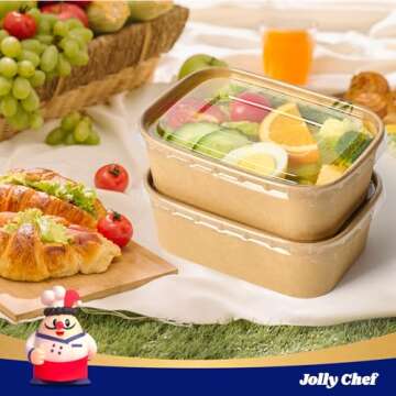 JOLLY CHEF 25 oz 50 Pack Paper Meal Prep Containers with Lids, Rectangular Disposable Food Containers, Kraft Paper Bowls with Lids for Salad, Soup, Snack