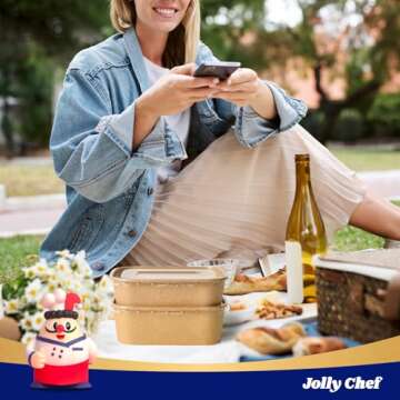 JOLLY CHEF 25 oz 50 Pack Paper Meal Prep Containers with Lids, Rectangular Disposable Food Containers, Kraft Paper Bowls with Lids for Salad, Soup, Snack